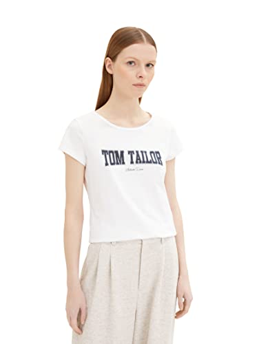 TOM TAILOR Denim Damen 1036934 Basic T-Shirt mit Schriftzug, 20000-White, L von TOM TAILOR Denim