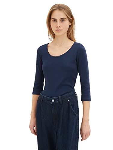 TOM TAILOR Denim Damen 1036942 Basic T-Shirt mit Spitze, 10360-Real Navy Blue, L von TOM TAILOR Denim