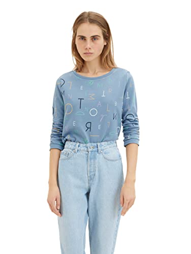 TOM TAILOR Denim Damen 1036981 Sweater mit Raffung & Muster, 32104-Mid Blue Letter Print, M von TOM TAILOR Denim