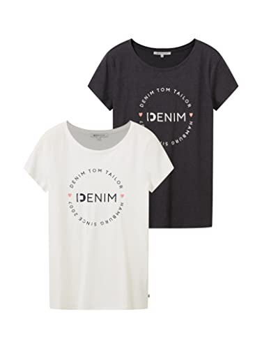 TOM TAILOR Denim Damen 1037233 Slim Fit T-Shirt Mit Logo-Print Im Doppelpack, 10522 - Shale Grey Melange, M EU von TOM TAILOR Denim
