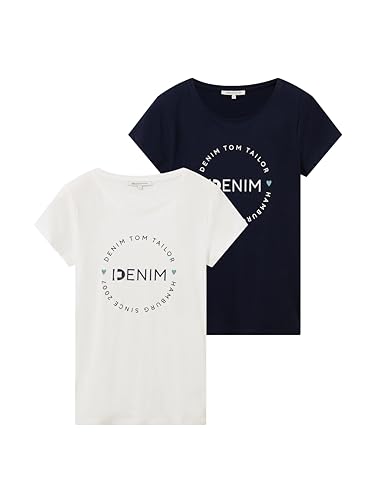 TOM TAILOR Denim Damen 1037233 Slim Fit T-Shirt Mit Logo-Print Im Doppelpack, 10668 - Sky Captain Blue, S EU von TOM TAILOR Denim