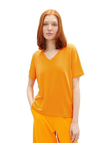 TOM TAILOR Denim Damen 1037244 Basic T-Shirt mit V-Ausschnitt, 31684-Bright Mango Orange, M von TOM TAILOR Denim