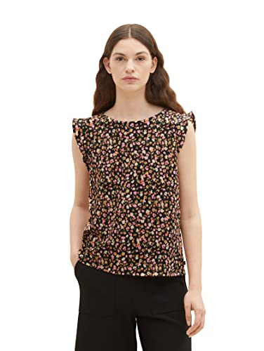 TOM TAILOR Denim Damen 1037247 T-Shirt Bluse mit Rüschen, 31952-Black Flower Print, L von TOM TAILOR Denim