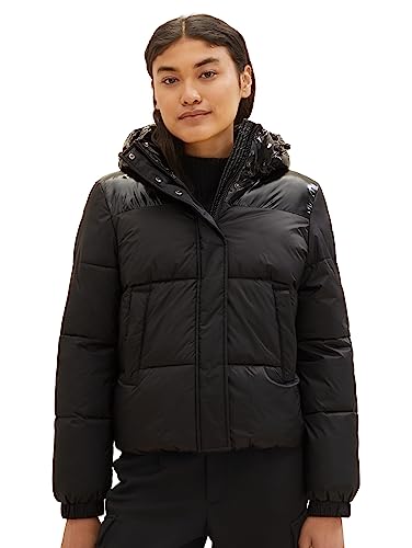 TOM TAILOR Denim Damen 1037590 Puffer Steppjacke mit Kapuze, 14482-deep Black, L von TOM TAILOR Denim