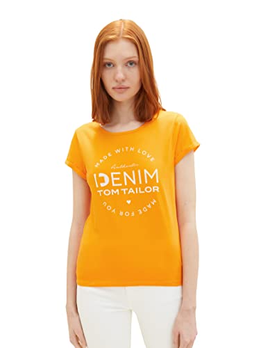 TOM TAILOR Denim Damen 1037722 T-Shirt mit Schriftzug, 31684-Bright Mango Orange, L von TOM TAILOR Denim
