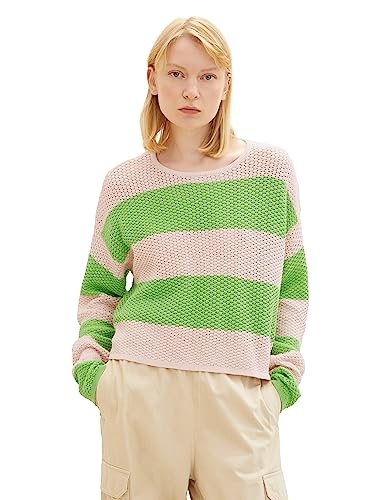 TOM TAILOR Denim Damen 1038094 Cropped Relaxed Pullover, 32457-green Rose Colorblock Stripe, L von TOM TAILOR Denim