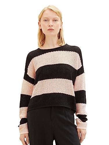 TOM TAILOR Denim Damen 1038094 Cropped Relaxed Pullover, 32458-rose Black Colorblock Stripe, L von TOM TAILOR Denim