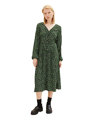 TOM TAILOR Denim Damen 1038137 Midi-Blumen Kleid mit Knopfleiste & Bindedetail, 32433-black Green Flower Print, L von TOM TAILOR Denim