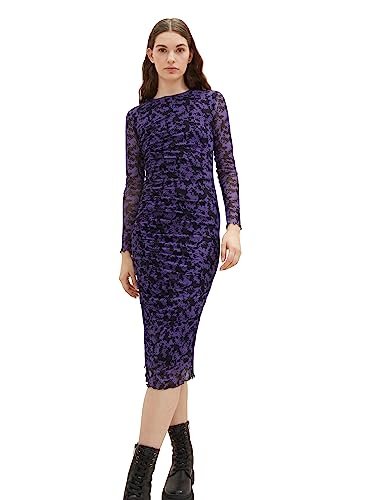 TOM TAILOR Denim Damen 1038148 Mesh-Kleid mit Muster & Raffung, 32417-lilac Black Flower Print, L von TOM TAILOR Denim