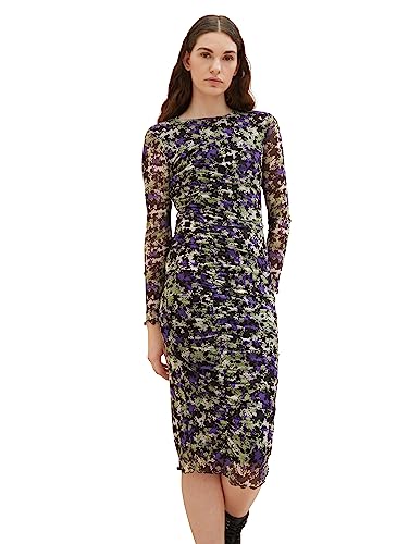 TOM TAILOR Denim Damen 1038148 Mesh-Kleid mit Muster & Raffung, 32418-lilac Green Flower Print, M von TOM TAILOR Denim