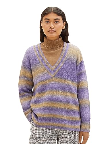 TOM TAILOR Denim Damen 1038163 Strickpullover mit Batik-Streifen, 32636-lilac beige colorflow, L von TOM TAILOR Denim