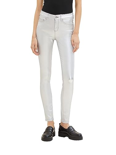 TOM TAILOR Denim Damen 1038298 NELA Extra Skinny Jeans in Leder-Optik, 11491-Metallic Silver, 25/30 von TOM TAILOR Denim