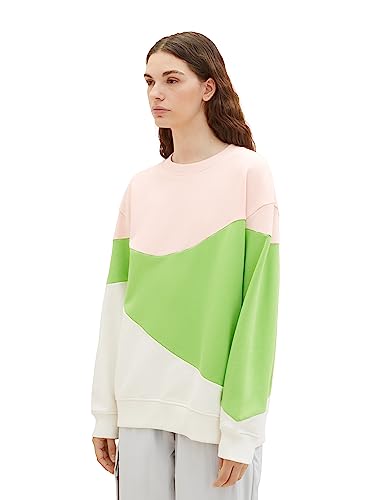 TOM TAILOR Denim Damen 1038318 Oversized Sweatshirt mit Color-Block, 32622-rose Green Offwhite Colorblock, XL von TOM TAILOR Denim