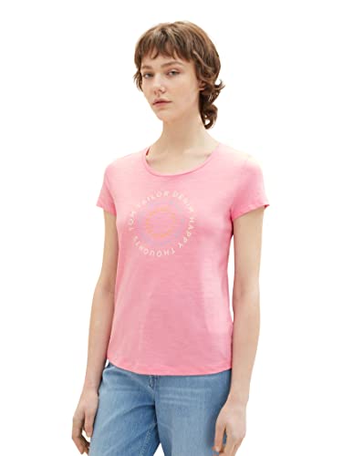 TOM TAILOR Denim Damen 1038345 T-Shirt mit Schriftzug, 31685-Fresh Pink, L von TOM TAILOR Denim