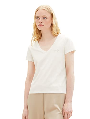 TOM TAILOR Denim Damen 1038355 T-Shirt mit Stickerei, 10348-Gardenia White, L von TOM TAILOR Denim