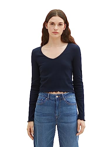 TOM TAILOR Denim Damen 1038364 Cropped Langarmshirt mit Rippstruktur, 10668-sky Captain Blue, M von TOM TAILOR Denim