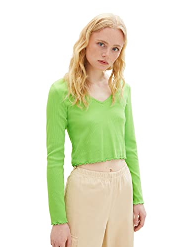 TOM TAILOR Denim Damen 1038364 Cropped Langarmshirt mit Rippstruktur, 12318-liquid Lime Green, M von TOM TAILOR Denim