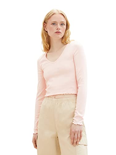 TOM TAILOR Denim Damen 1038364 Cropped Langarmshirt mit Rippstruktur, 14557-Light English Rose, L von TOM TAILOR Denim