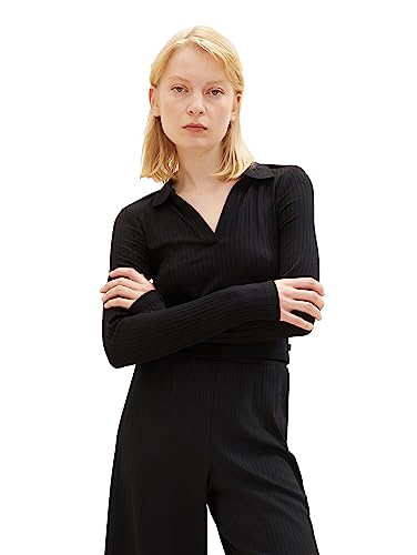 TOM TAILOR Denim Damen 1038367 Polo Langarmshirt mit Rippstruktur, 14482-deep Black, XXL von TOM TAILOR Denim