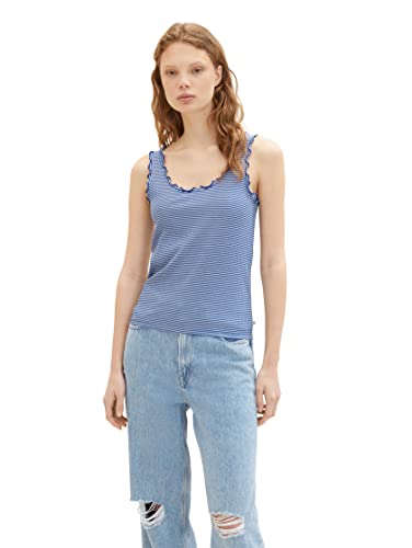 TOM TAILOR Denim Damen 1038422 Basic Top mit Rüschen, 32610-Small Royal Blue White Stripe, L von TOM TAILOR Denim