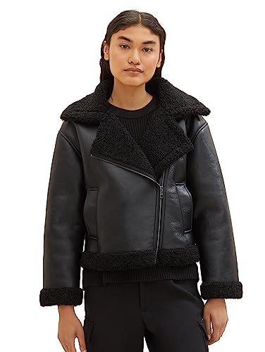 TOM TAILOR Denim Damen 1038689 Sherling Lederjacke, 14482-deep Black, M von TOM TAILOR Denim