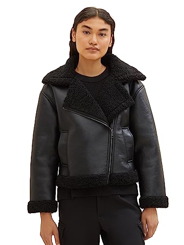 TOM TAILOR Denim Damen 1038689 Sherling Lederjacke, 14482-deep Black, S von TOM TAILOR Denim