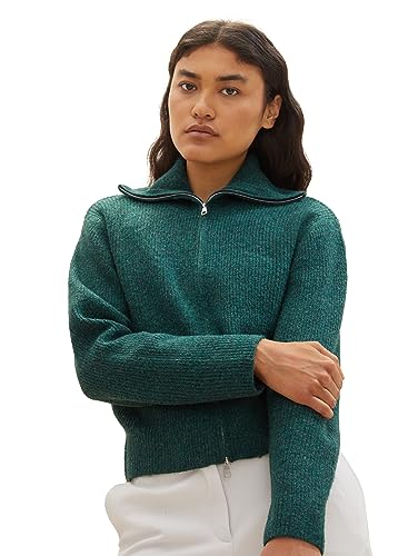 TOM TAILOR Denim Damen 1038721 Troyer Strickjacke Cardigan, 10592-Midnight Forest Green Mélange, L von TOM TAILOR Denim