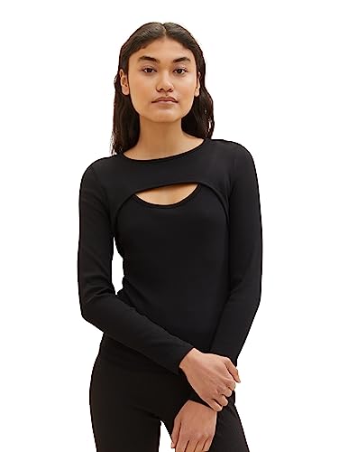 TOM TAILOR Denim Damen 1038740 Langarmshirt mit Cut-Out Detail, 14482-deep Black, XL von TOM TAILOR Denim