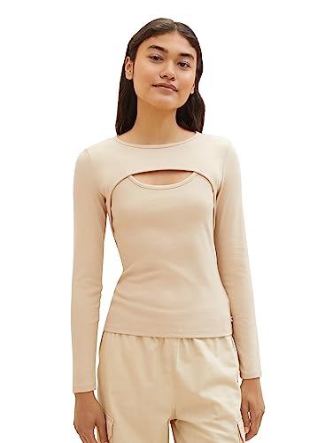 TOM TAILOR Denim Damen 1038740 Langarmshirt mit Cut-Out Detail, 31700-dusty Sand beige, XXL von TOM TAILOR Denim