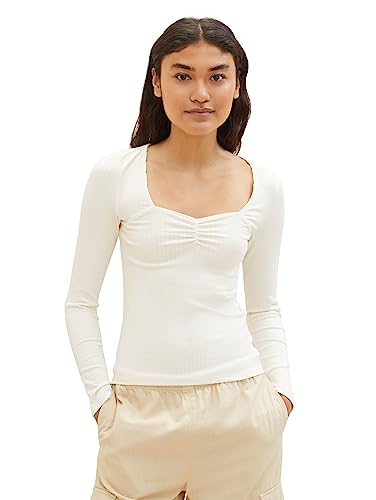 TOM TAILOR Denim Damen 1038741 Langarmshirt mit Rippstruktur, 10348-Gardenia White, XL von TOM TAILOR Denim