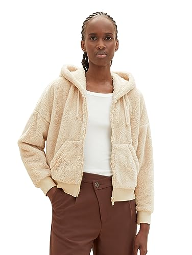 TOM TAILOR Denim Damen 1038746 Cropped Teddy Sweatjacke mit Kapuze, 31700-dusty Sand beige, L von TOM TAILOR Denim