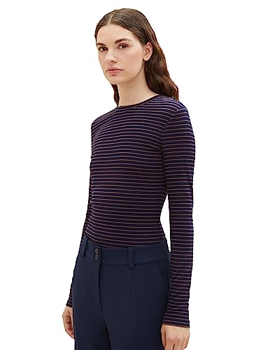 TOM TAILOR Denim Damen 1039798 Langarmshirt mit Streifen, 34269-navy Brown Stripe, M von TOM TAILOR Denim