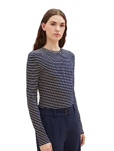 TOM TAILOR Denim Damen 1039798 Langarmshirt mit Streifen, 34270-navy beige Stripe, L von TOM TAILOR Denim