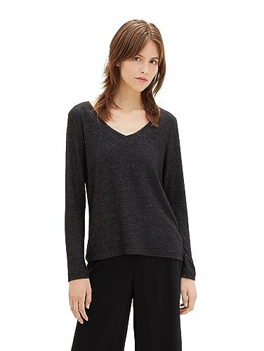 TOM TAILOR Denim Damen 1039799 Basic Langarmshirt mit V-Ausschnitt, 10522-Shale Grey Melange, L von TOM TAILOR Denim