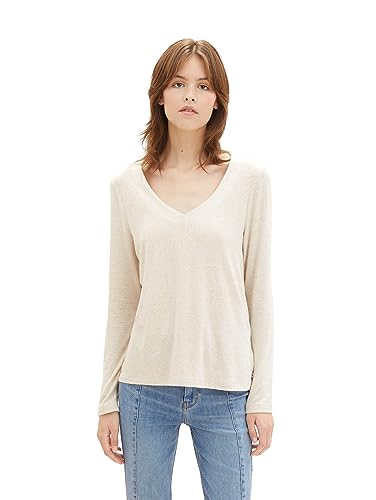 TOM TAILOR Denim Damen 1039799 Basic Langarmshirt mit V-Ausschnitt, 33803-dusty Sand beige Melange, M von TOM TAILOR Denim