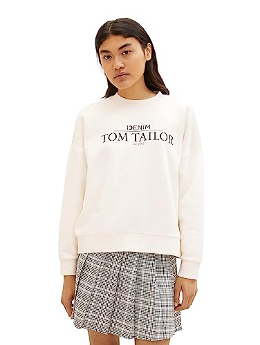 TOM TAILOR Denim Damen 1039808 Oversized Sweatshirt mit Logo-Print, 10348-Gardenia White, S von TOM TAILOR Denim