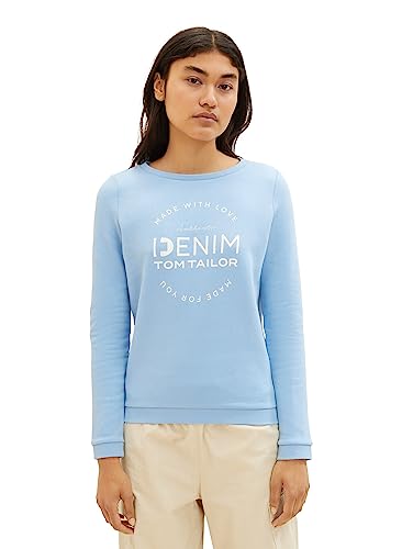 TOM TAILOR Denim Damen 1039817 Sweater mit Logo-Print & Raffarm, 11139-Soft Charming Blue, L von TOM TAILOR Denim