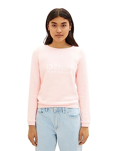 TOM TAILOR Denim Damen 1039817 Sweater mit Logo-Print & Raffarm, 14557-Light English Rose, S von TOM TAILOR Denim