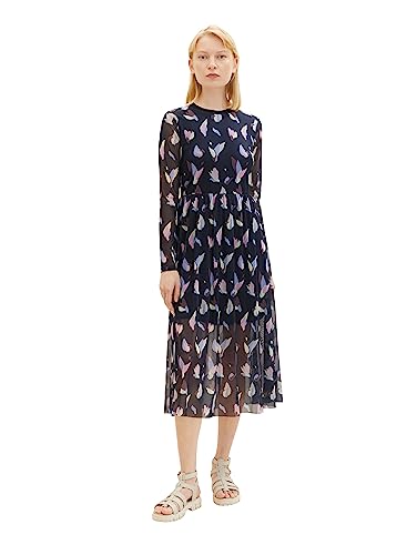 Tom Tailor Denim Damen Mesh Kleid mit Muster, 29961 - Navy Abstract Flower Print, XS von TOM TAILOR Denim