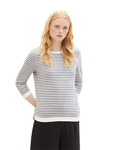 Tom Tailor Denim Damen Sweatshirt mit Raffarm & Streifenmuster, 26032 - Blue White Structured Stripe, S von TOM TAILOR Denim