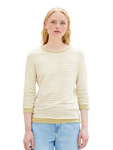 Tom Tailor Denim Damen Sweatshirt mit Raffarm & Streifenmuster, 32804 - White Green Structured Stripe, XL von TOM TAILOR Denim