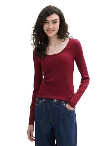 TOM TAILOR Denim Damen 1043077 Basic Longsleeve mit RIPP, 35736-Deep Wine Red, X-Large von TOM TAILOR Denim