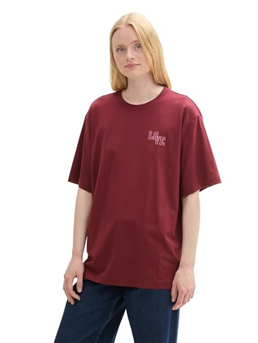 TOM TAILOR Denim Damen 1043078 Basic Oversized T-Shirt mit Rückenprint, 35736-Deep Wine Red, M von TOM TAILOR Denim