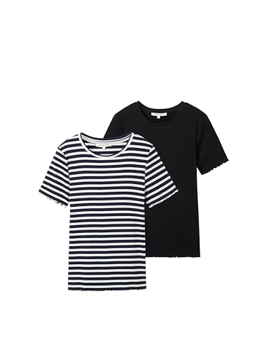 TOM TAILOR Denim Damen 1044815 Basic T-Shirt im Doppelpack, 36998-Dark Blue White Stripe, XX-Large von TOM TAILOR Denim