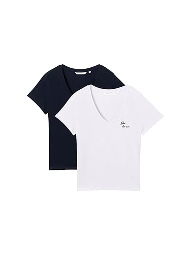 TOM TAILOR Denim Damen 1044819 Basic T-Shirt im Doppelpack, 10668-Sky Captain Blue, Large von TOM TAILOR Denim