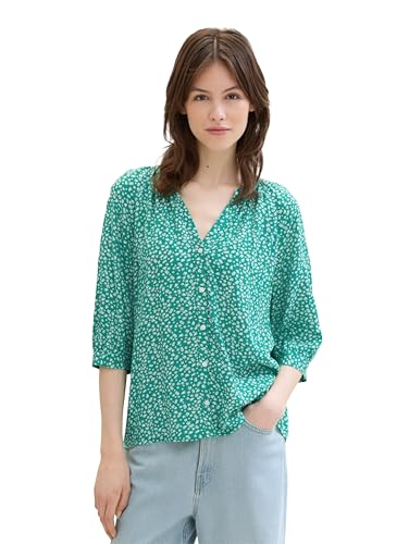 TOM TAILOR Denim Damen Basic Bluse mit Ballonenärmeln, green minimal print, L von TOM TAILOR Denim