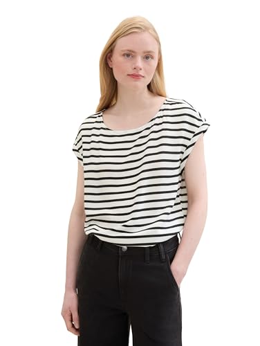 TOM TAILOR Denim Damen Basic Blusen-Top mit Cut-Out Detail, white black stripe, M von TOM TAILOR Denim