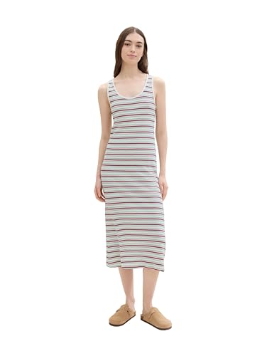 TOM TAILOR Denim Damen Basic Midi-Kleid mit Waffel-Struktur, white multicolor stripe, M von TOM TAILOR Denim