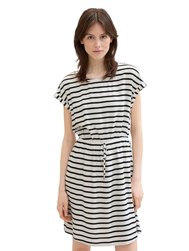 TOM TAILOR Denim Damen Basic Mini Kleid mit elastischer Taillie, white black stripe, L von TOM TAILOR Denim