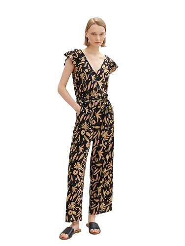 TOM TAILOR Denim Damen Basic Overall Jumpsuit mit Allover Print, black tropical print, XXL von TOM TAILOR Denim